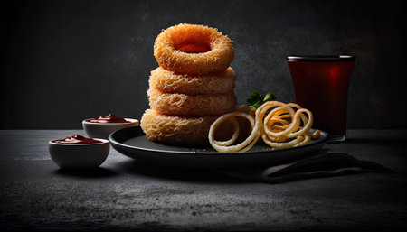Crispy fried onion rings with ketchup on a black backgroundの素材