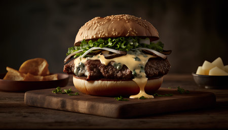 Cheese burger on a wooden board on a dark background. Toned.の素材