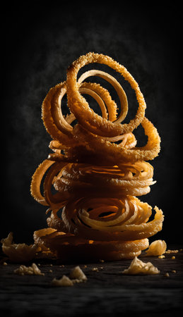 Pasta rings on a wooden table. Black background. Toned.の素材