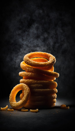 Stack of crunchy donuts on dark background. Toned.の素材