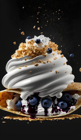 Pancakes with whipped cream and blueberries on a black backgroundの素材