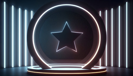 Podium with star, illuminated by neon lights. 3D renderingの素材