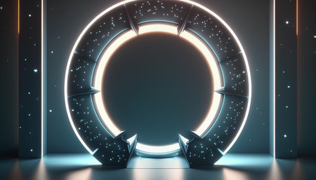 3D rendering of a futuristic portal with neon lights in the backgroundの素材