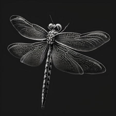 Dragonfly on a black background. 3d rendering. Computer digital drawing.の素材