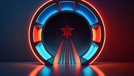 3d illustration of abstract background with neon lights and star in circleの素材