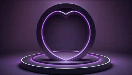 Purple neon background with a heart shaped mirror, 3d renderの素材
