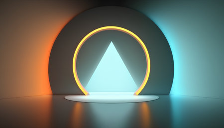 Neon abstract background, 3d render, square shape, podiumの素材