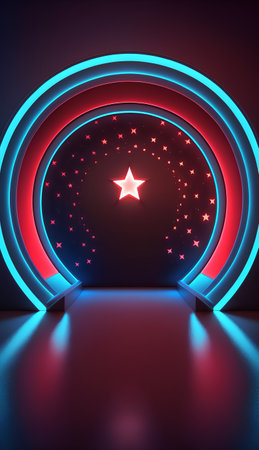 3d render, abstract background with neon lights, podium and starsの素材