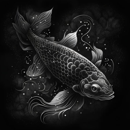 Koi fish on a black background. Vector illustration. Black and white.の素材