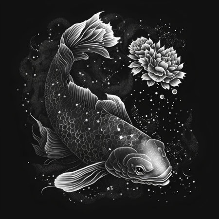 Koi fish and flower on a black background. Tattoo artの素材