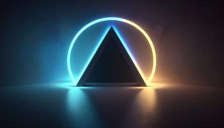 neon triangle with blue light effect in dark room, 3d renderの素材