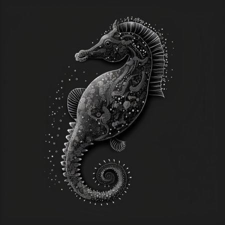 Hippocampus sea horse on black background. Vector illustration.の素材