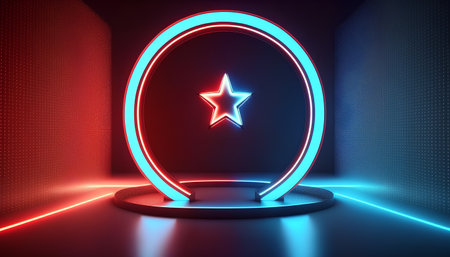 Abstract scene with neon lights, 3d render, square background.の素材