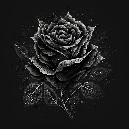 Black and white rose with leaves on black background. Vector illustration.の素材