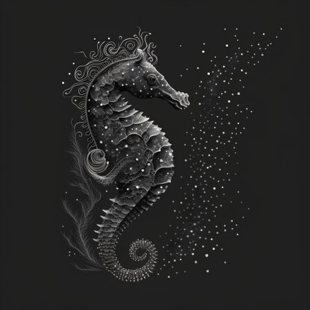 Illustration of seahorse on a black background with stars.の素材