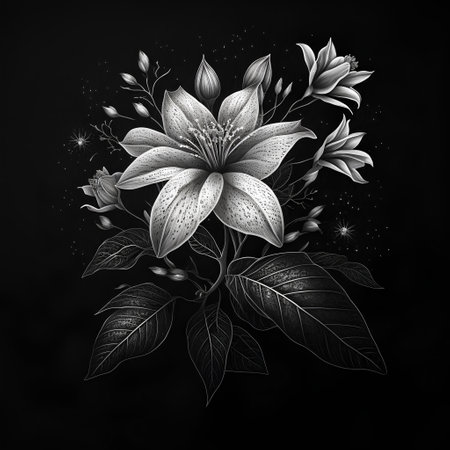 Black and white illustration of lily flower. Floral background.の素材