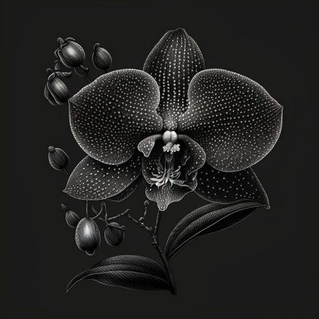 Black and white orchid on a black background. Vector illustration.の素材