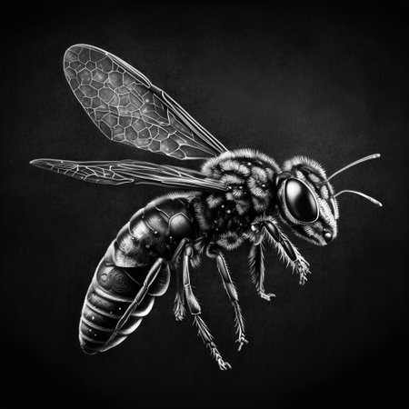 Bee on a black background. 3d rendering. Computer digital drawing.の素材