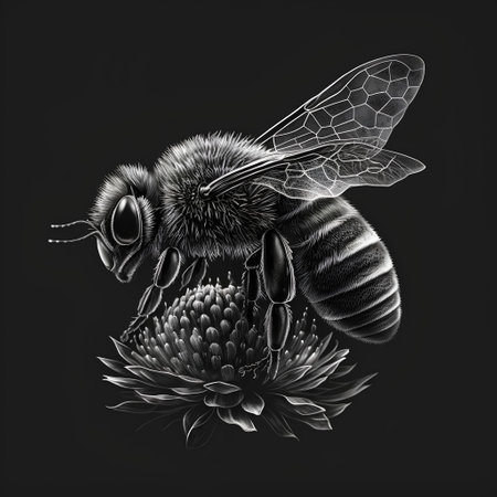 Bee with flower. Black and white illustration. Tattoo art.の素材