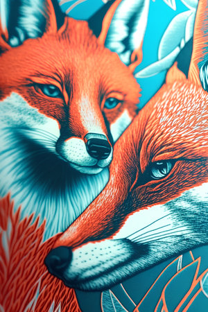 Close-up portrait of a red fox with a tattoo on a blue background.の素材