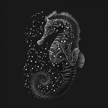 Black and white seahorse on a black background with dots.の素材