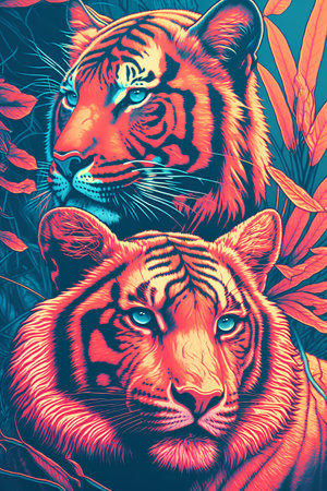 Tiger in the jungle with leaves. Colorful illustration of a tiger.の素材