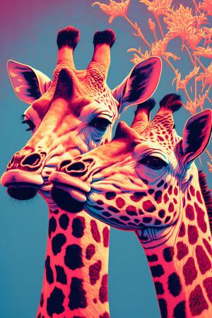 Two giraffes on a blue background. 3d illustration.の素材