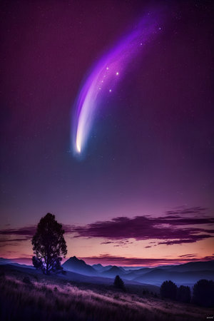 Aurora borealis and a tree in the night sky.の素材
