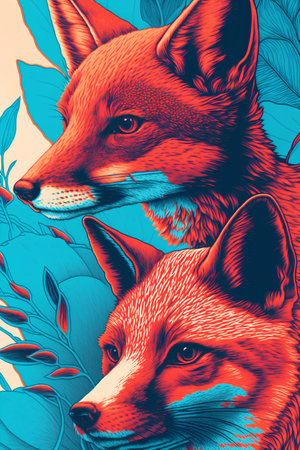 Vector illustration of foxes on a background of leaves and plants.の素材