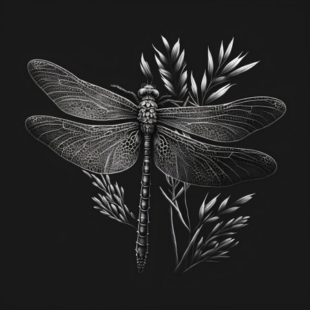 Dragonfly with leaves on a black background. 3d illustration.の素材