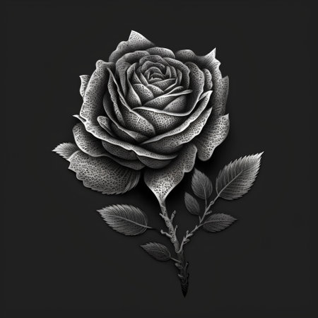 Black and white rose on black background. 3d illustration. Top view.の素材