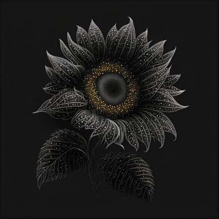Black and white sunflower isolated on black background. Vector illustration.の素材