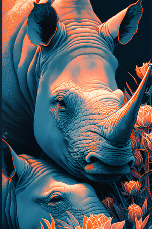 African rhinoceros head with flowers in the background. 3d illustrationの素材