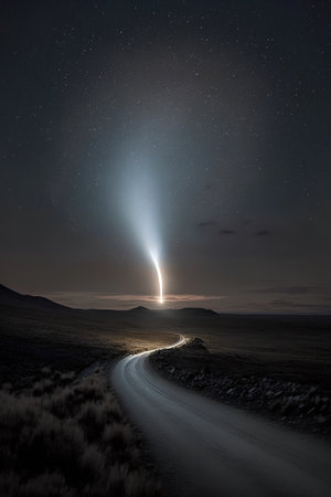 A comet in the night sky over a road in the mountains.の素材
