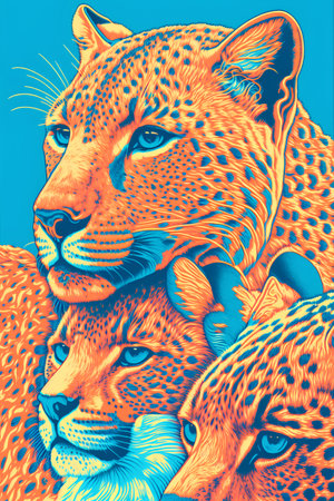Cheetah and leopard heads on blue background. Vector illustrationの素材