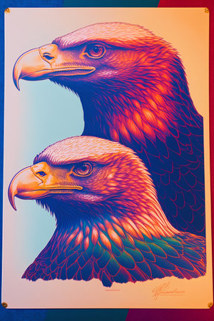 Poster with a portrait of a bald eagle on a blue background.の素材