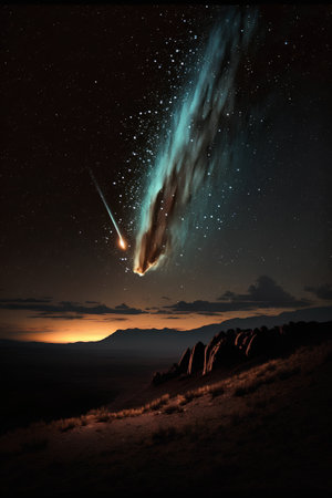 A comet in the night sky with stars and milky way.の素材