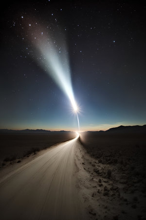 A long exposure shot of a comet passing over a desert road.の素材