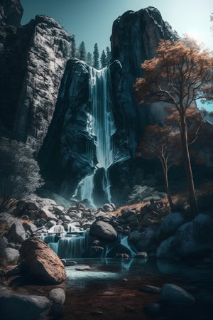 Waterfall in Yosemite National Park in California, USA  Filtered image processed vintage effect.の素材
