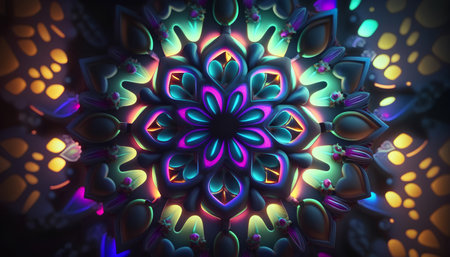 3D surreal illustration. Sacred geometry. Mysterious psychedelic relaxation pattern. Fractal abstract texture. Digital artwork graphic astrology magicの素材