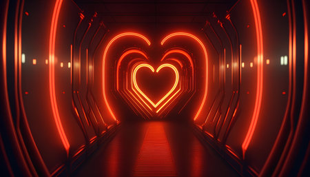 Futuristic dark corridor with glowing neon heart. 3D Renderingの素材