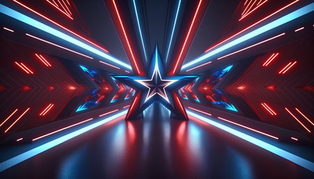 Futuristic interior with blue and red neon lights. 3d renderingの素材
