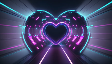 futuristic tunnel corridor with glowing neon lights and heart symbol illustrationの素材