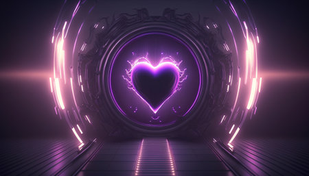futuristic background with glowing heart symbol in the center 3d renderingの素材