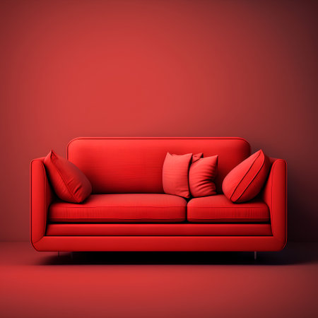 Red sofa with pillows on a red wall. 3d renderingの素材