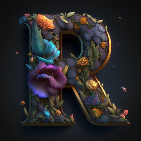 Alphabet letter R decorated with flowers and leaves. 3d renderの素材