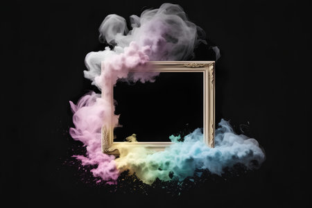 Picture frame with colorful smoke isolated on black background. 3d renderingの素材