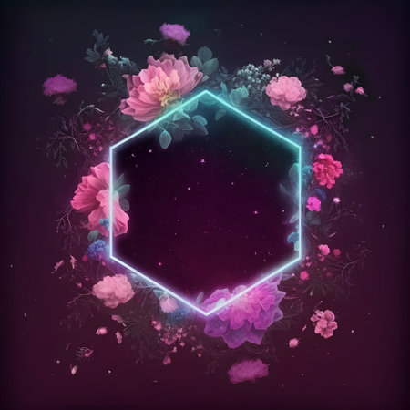 Vintage floral background with flowers and hexagon frame. Vector illustration.の素材
