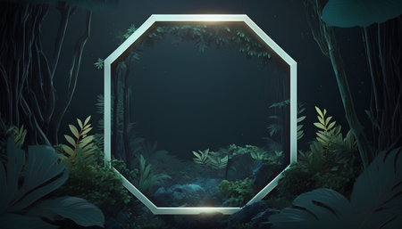 Hexagonal frame in the jungle with plants and neon light effectの素材