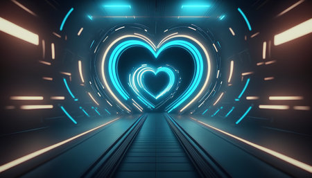abstract futuristic tunnel corridor with glowing heart symbol in the middle illustrationの素材